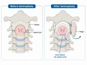 Diagram of a cervical spine showing how laminoplasty surgery hinges the lamina open to create more space for the spinal cord.
